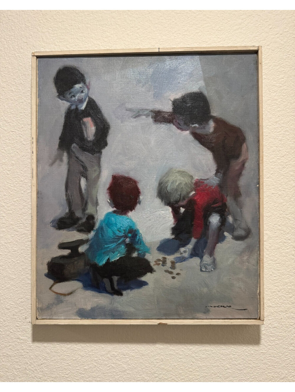 Marcello Signed Oil Painting Children Playing Coins Original Canvas Great Condit
